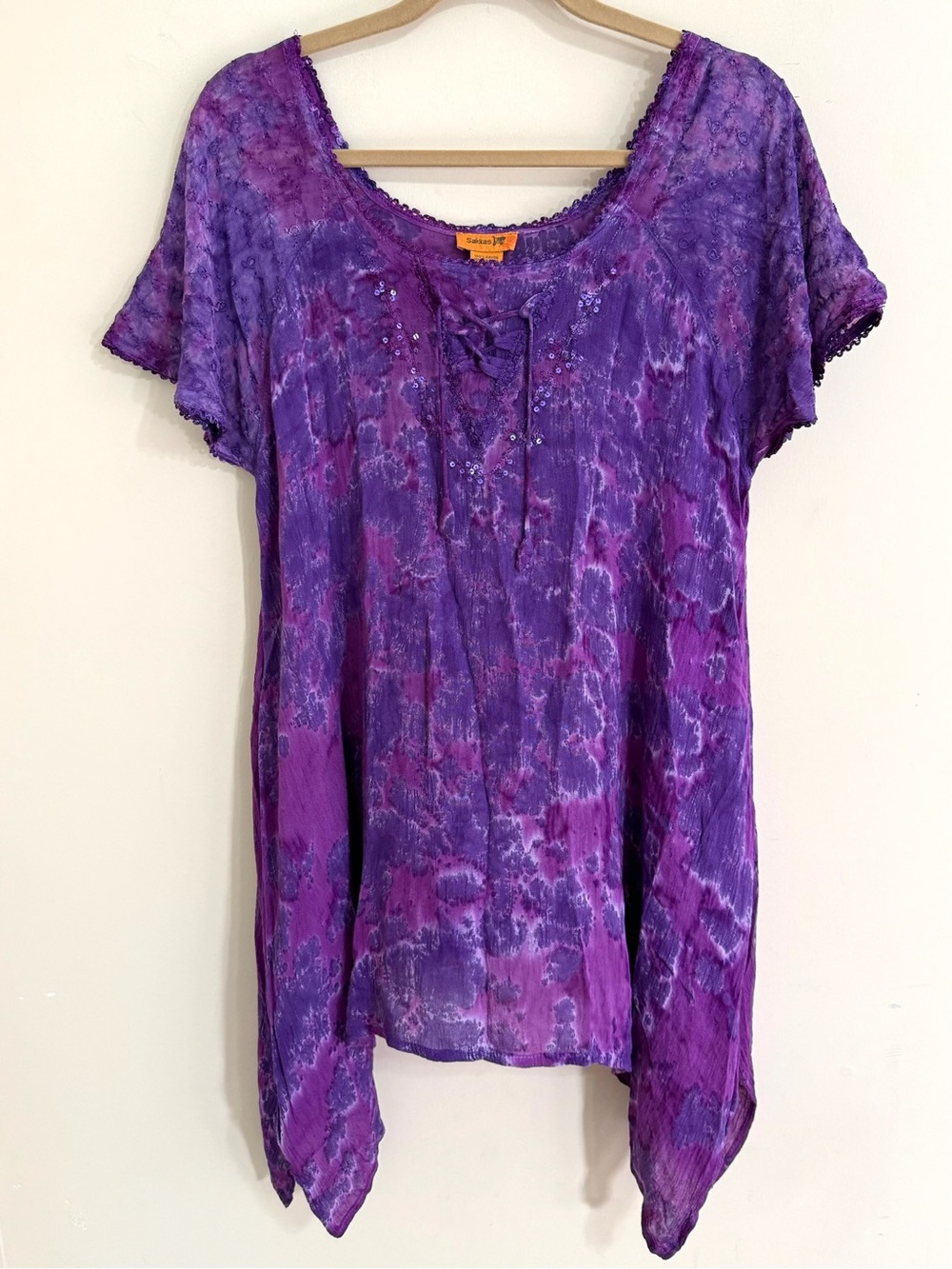 SAKKAS Women’s Plus Size Purple Tie Dye Sequin Lace Up Handkerchief Tunic